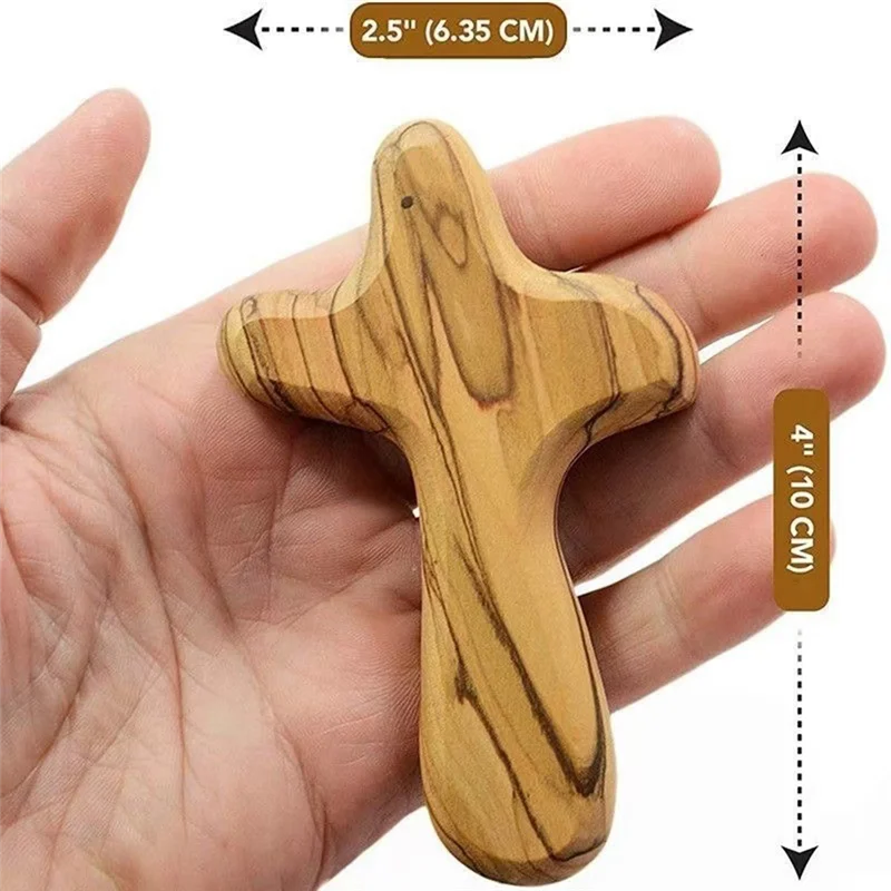 A88E-4Inch Hand Held Olive Wood Clinging Cross Fine Prayer Comfort Holding Wooden Cross - Hand Held Palm Size