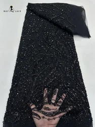 Black African Heavy Beaded 2024 High Quality 5 Yards Nigerian Sequins Pearl Lace French Tulle Fabric For Party Dresses Sewing