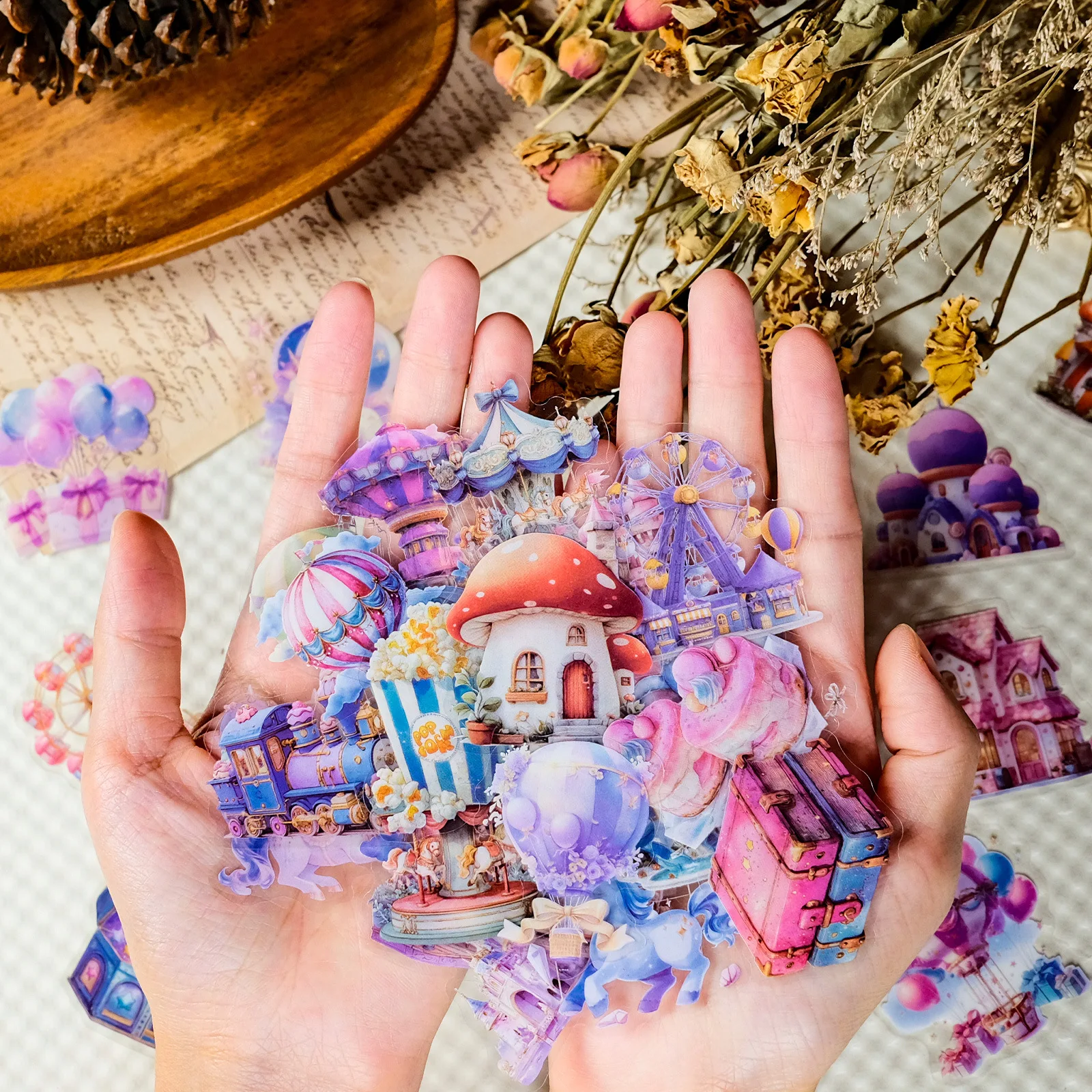 56Pcs Clear PET Amusement Park Stickers Fairy Tale Carousel Decals Waterproof Scrapbook Junk Journal Resin Crafter Girl Gift
