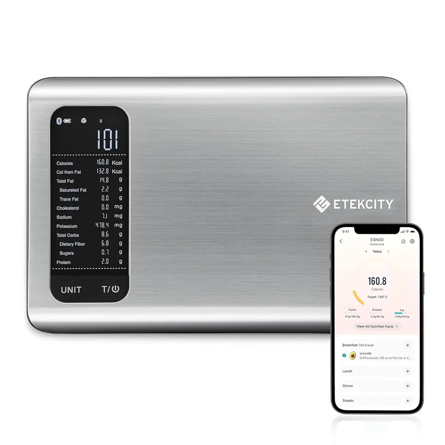 

Smart Digital Kitchen Scale with Nutritional Tracker App, 19 Nutrients Monitoring for Weight Loss, Stainless Steel