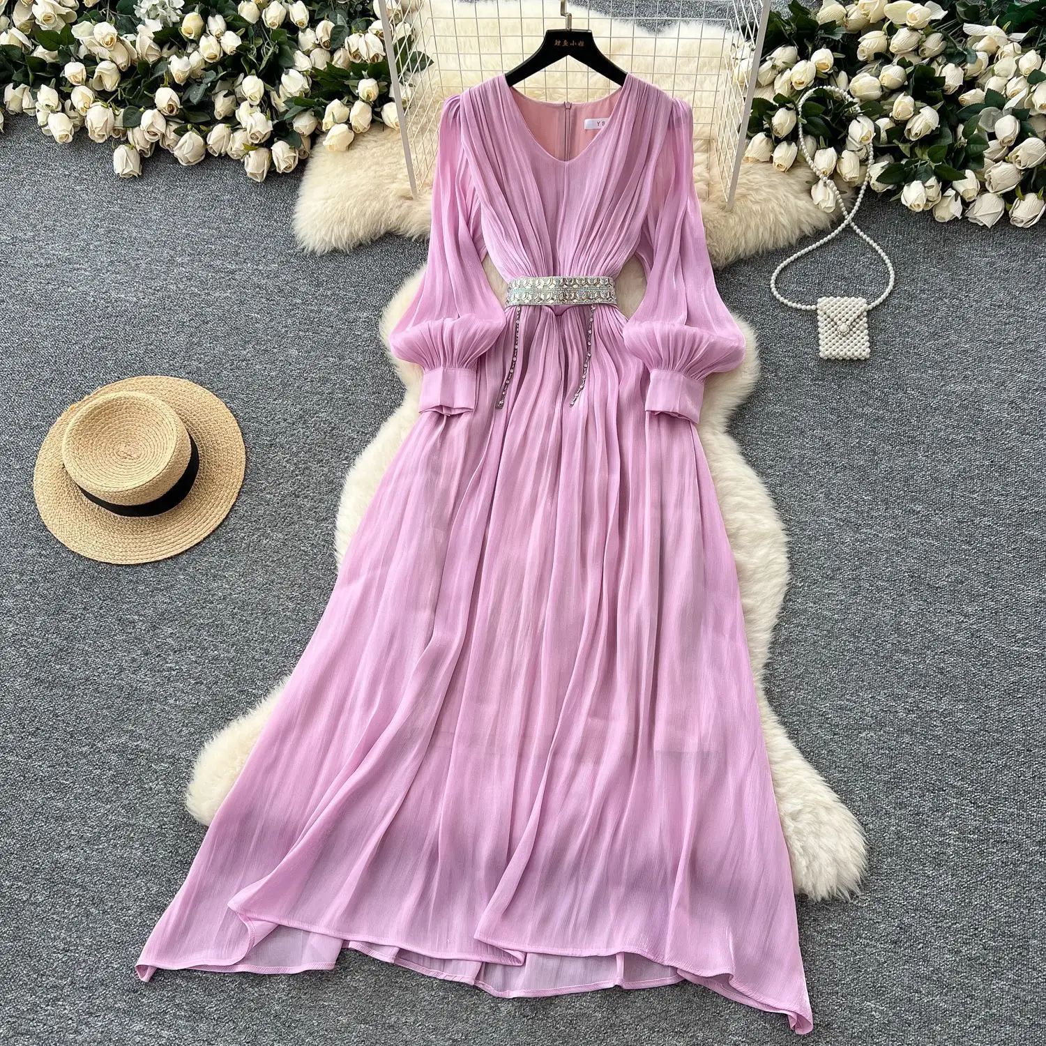 

2025 Holiday Style V-neck Lantern Sleeve Elegant Long Dress Tie Waist Streamer Chiffon Dresses Women's Casual Beach Dress