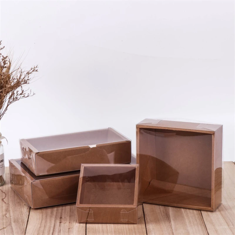 

10pcs/lot Kraft Paper Box With Transparent PVC Window Packaging Gift Box Wedding Birthday Christmas Party Candy Cookie Cake Box