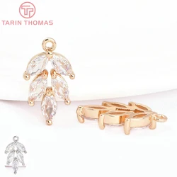 (7778) 6PCS 10x17.5MM 24K Gold Color Brass with Zircon Leaves Pendants High Quality DIY Jewelry Making Findings Accessories