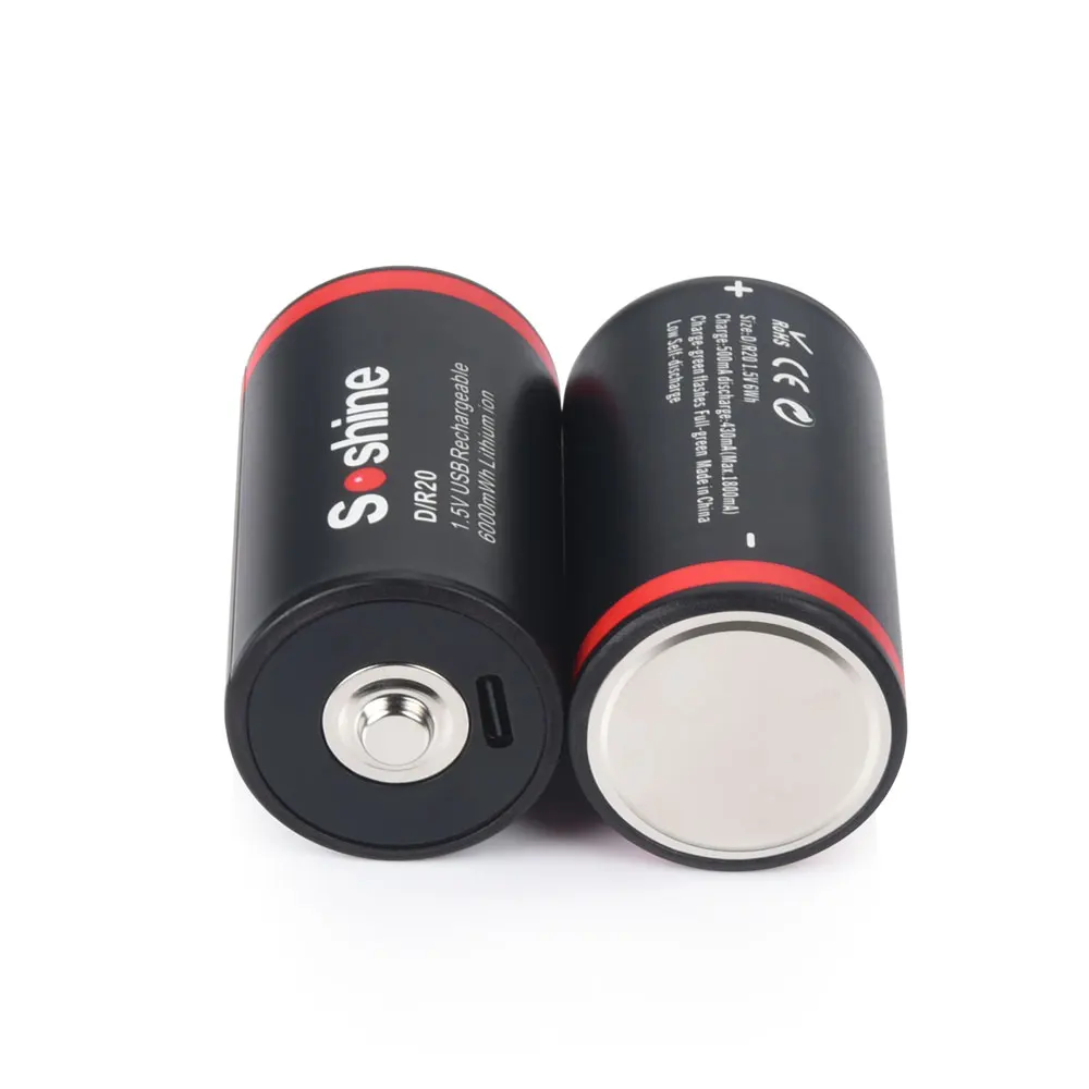 Soshine 1.5V 6000mWh Lithium Battery USB Rechargeable Batteries D Size Li-ion Battery 1200 Times Cycle with 2-in-1 USB Cable