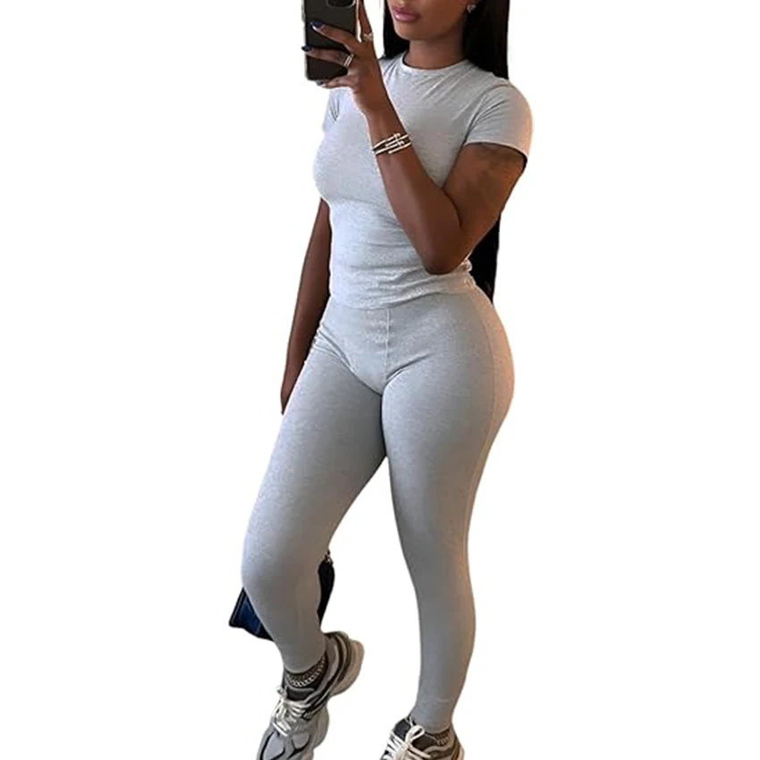 Casual Workout Two Piece Outfits for Women Fitted Crew Neck T-shirt High Waist pants Matching Sets Streetwear