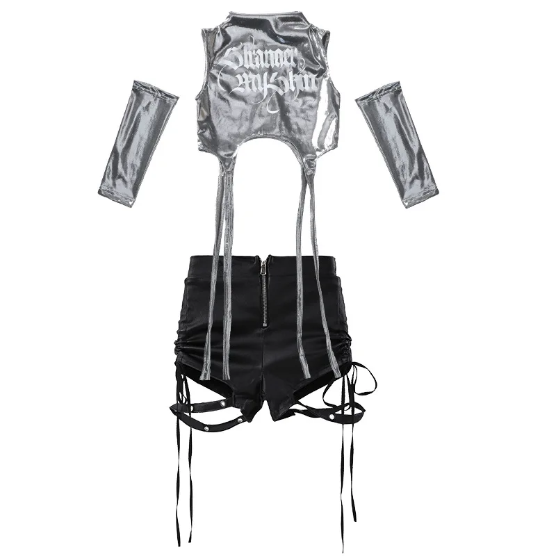 Set Hip Hop per ragazze K-pop Nastro argento Crop Top Pantaloni in pelle da ballo di strada Bambini Streetwear Costume da jazz per bambini Vestiti di gruppo per ragazze