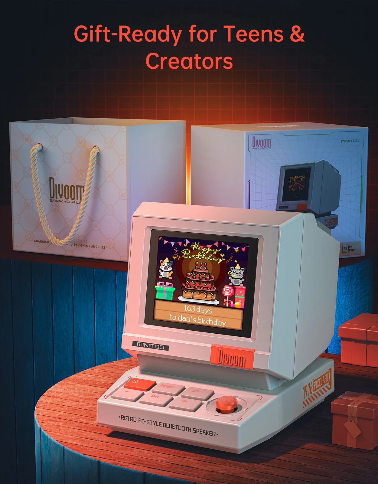 Divoom MiniToo ريترو سمّاعات بلوتوث محمول بكسل عرض صندوق تشغيل الموسيقى ريترو نمط الكمبيوتر المتكلم هدية