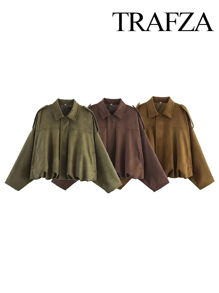 

TRAFZA Women's Autumn Fashion Versatile Pocket Suede Textured Casual Bomber Jacket Female Vintage Lapel Long Sleeve Loose Coats