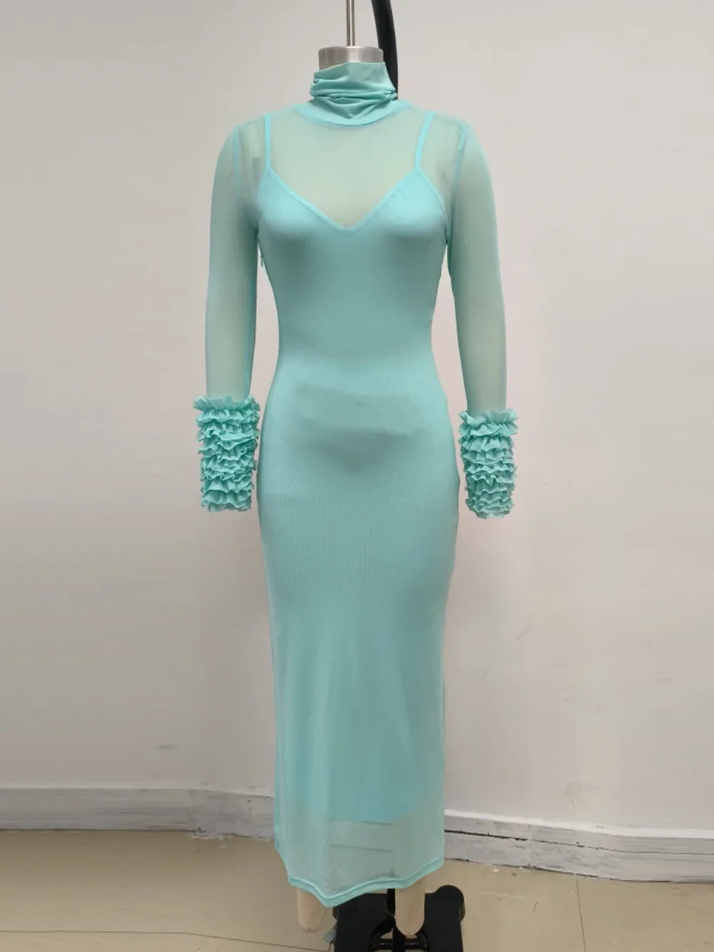 

Sexy Turtleneck Ruffle-Cuff Mesh Tight Long Dress Women Long Sleeves Ruffles Bodycon Midi Dresses Evening Party Cocktail Club