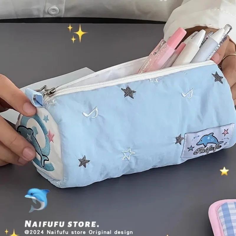 Blue Star Dolphin Pen Bag Embroidery Sitting Mountain Guest Cute Stationery Student Storage Bag Portable Large Capacity Bag New