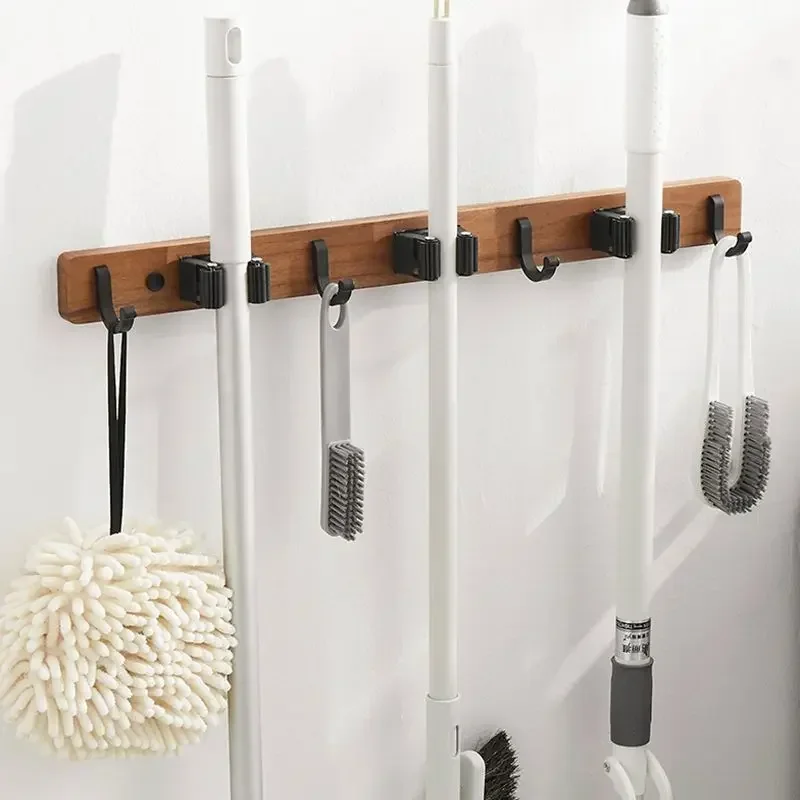 Broom Mop Holder Wood Mop Storage Rack Wall Mounted Home Garage Bathroom Kitchen Organizer Non-slip Mops Organizer Hooks