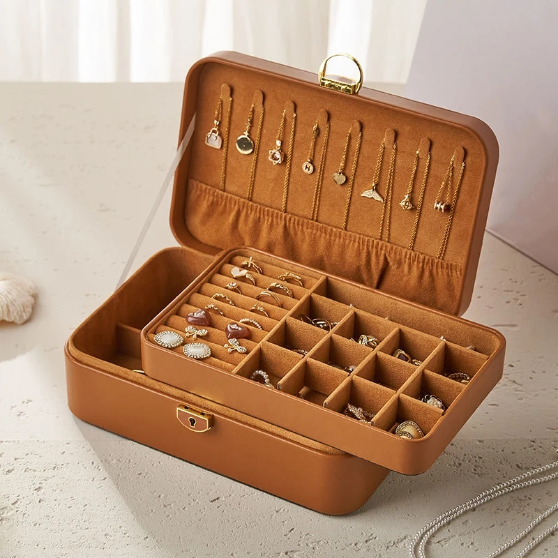 Ailodo PU Leather Big Jewelry Box For Women Girls Double Layer Necklace Earrings Rings Bracelets Jewelry Box Organizer With Lock