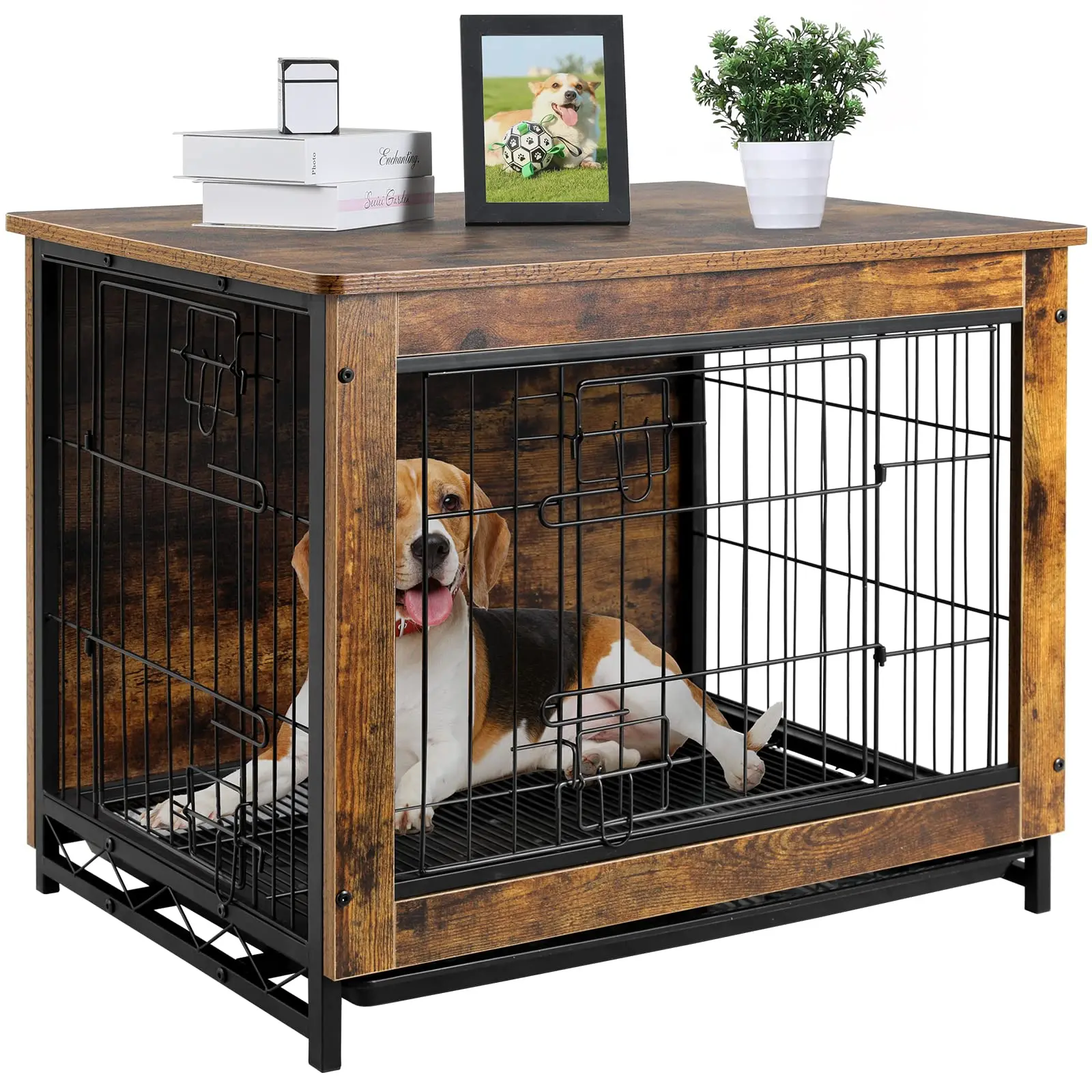 AOOU Dog Crate Furniture Wooden Side End Table Modern Dog Kennel with Double Doors Heavy-Duty Dog Cage w/Pull-Out Removable Tray