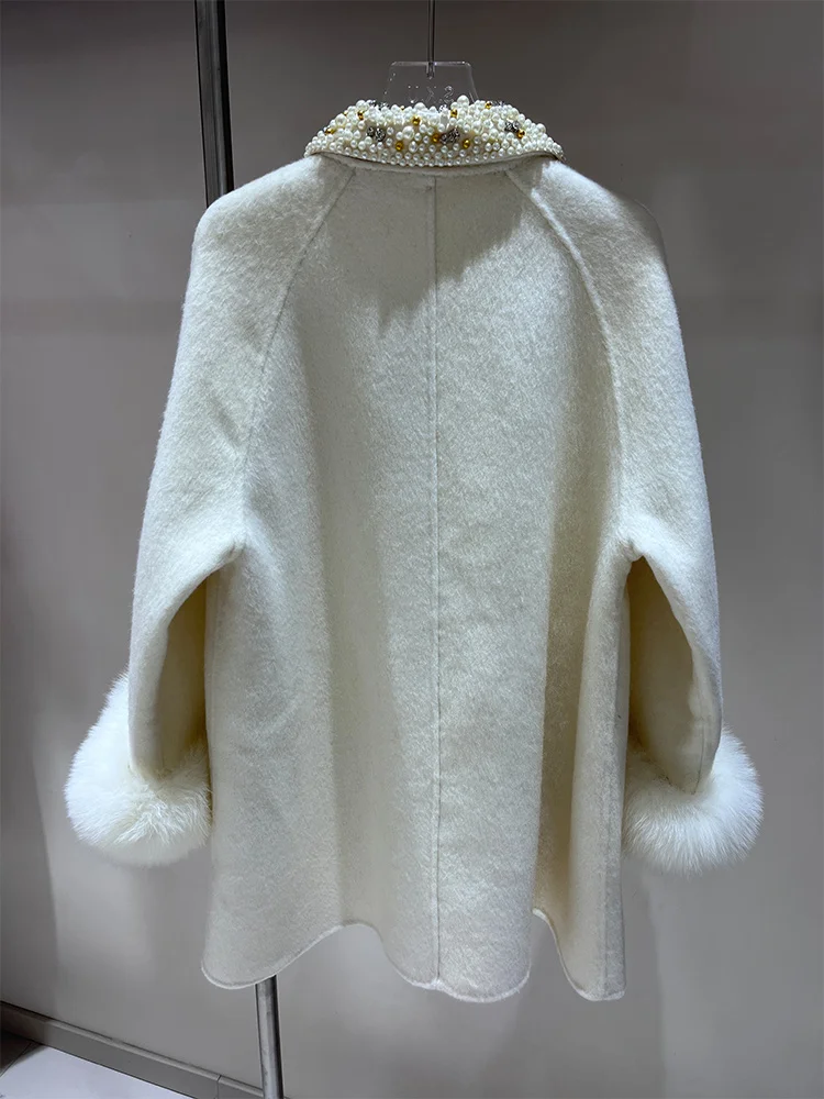 2025 New Winter Women Real Fox Fur Wool Woolen Coat Natural Fox Fur Collar Jacket Ladies Outerwear Streetwear