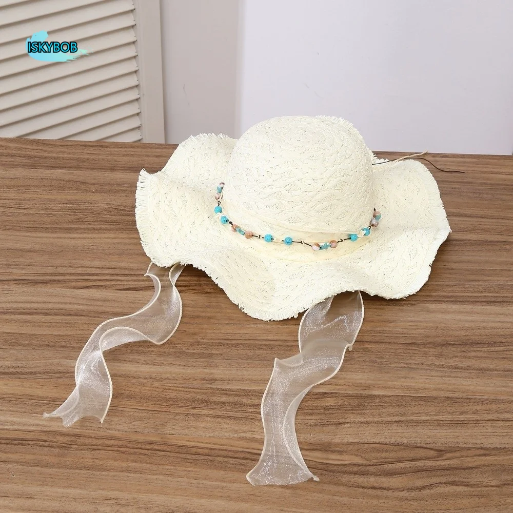 

Solid Color Breathable Vacation Beach Cap Lightweight with Lace Big Brimmed Straw Hat Sunshade Topi Sombrero Woven Sun Cap Daily