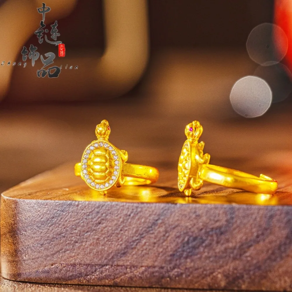 Diamond-encrustled gold turtle opening ring female new Chinese style spirit turtle opening 9999gold