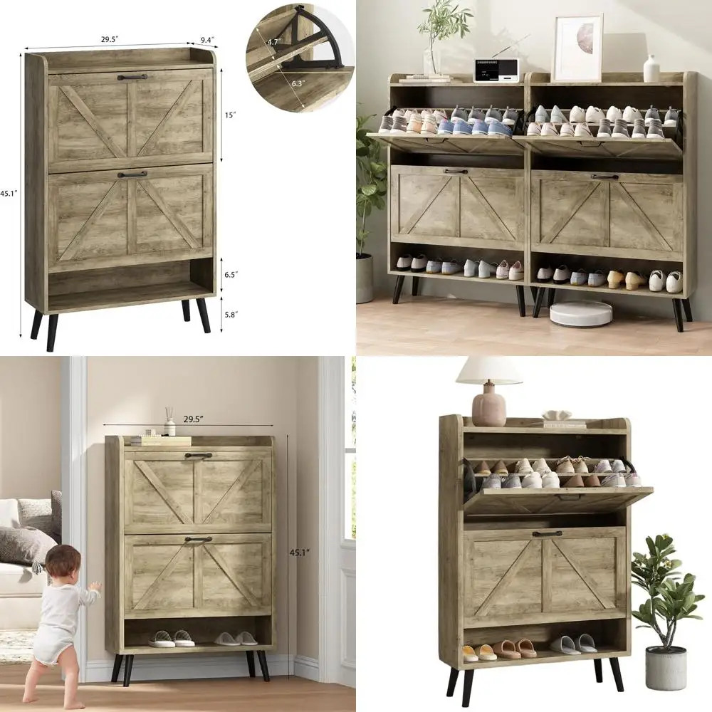 

Large Wooden Entryway Shoe Cabinet with 2 Flip Drawers and Slim Design in Rustic Oak