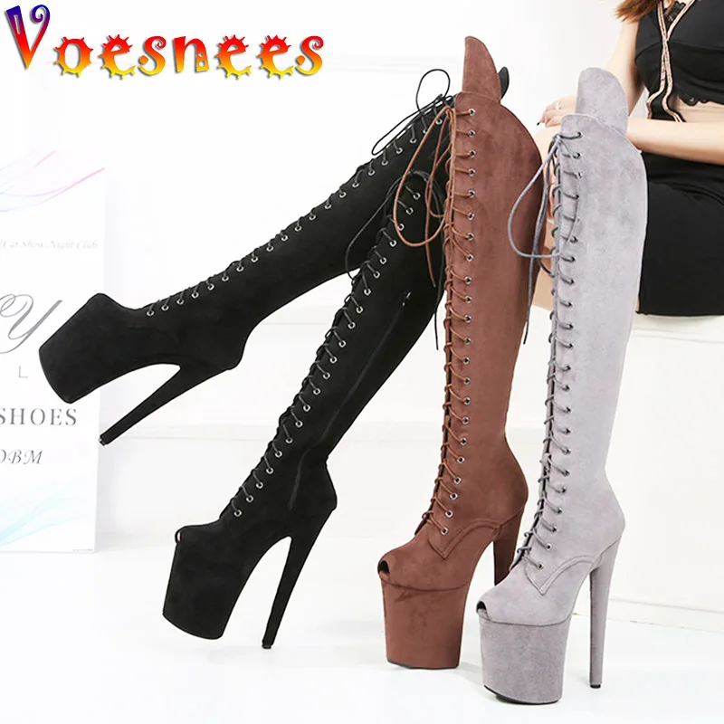 

20CM Suede Platforms Over-the-Knee Boots Fashion Ultra-high Heels Models Walking Show Shoes Lace Up Sexy Pole Dance Women Pumps