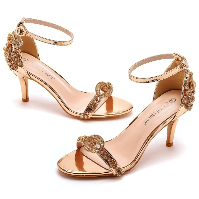 Sandalias de tacón alto con hebilla para mujer, zapatos con incrustaciones doradas, boca baja, tacones finos, sexy, moda de verano