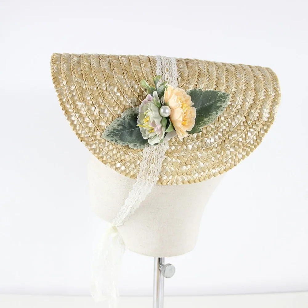 Sombrero de paja estilo francés Lolita, capó victoriano hecho a mano para niña, sombrero para el sol, accesorios para el cabello, sombrero plano con cordones dulces