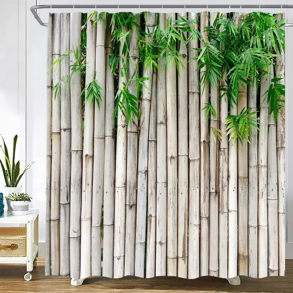 Brown Bamboo Shower Curtains Green Leaves Plant Spring Garden Scenery Wall Hanging Modern Fabric Bathroom Decor Bath Curtain Set