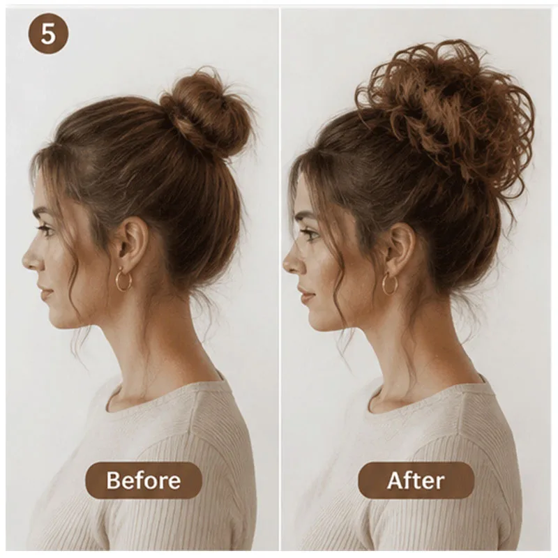 Messy Bun Haarverlängerung, gelocktes Haargummi-Haarteil für Frauen, natürliches, flauschiges Volumen, Pferdeschwanz, Hochsteckfrisur, Boho-Accessoire für den Alltag. – Detail 5
