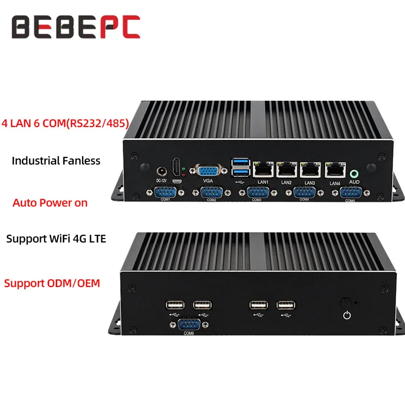 BEBEPC Industrial Mini PC with Inter I3-5005U/I5-4300U/I7-4600U DDR3 SSD Support Linux WiFi 4G LTE with 4xLAN 6xDB9 COM Computer