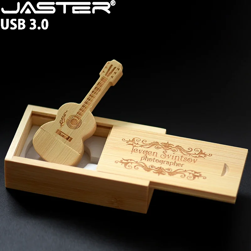 High Speed 3.0 Pen Drive Wooden Guitar 128GB USB Flash Drive Free Customized Logo Wooden Box Memory Stick Music Wedding Gift 8GB