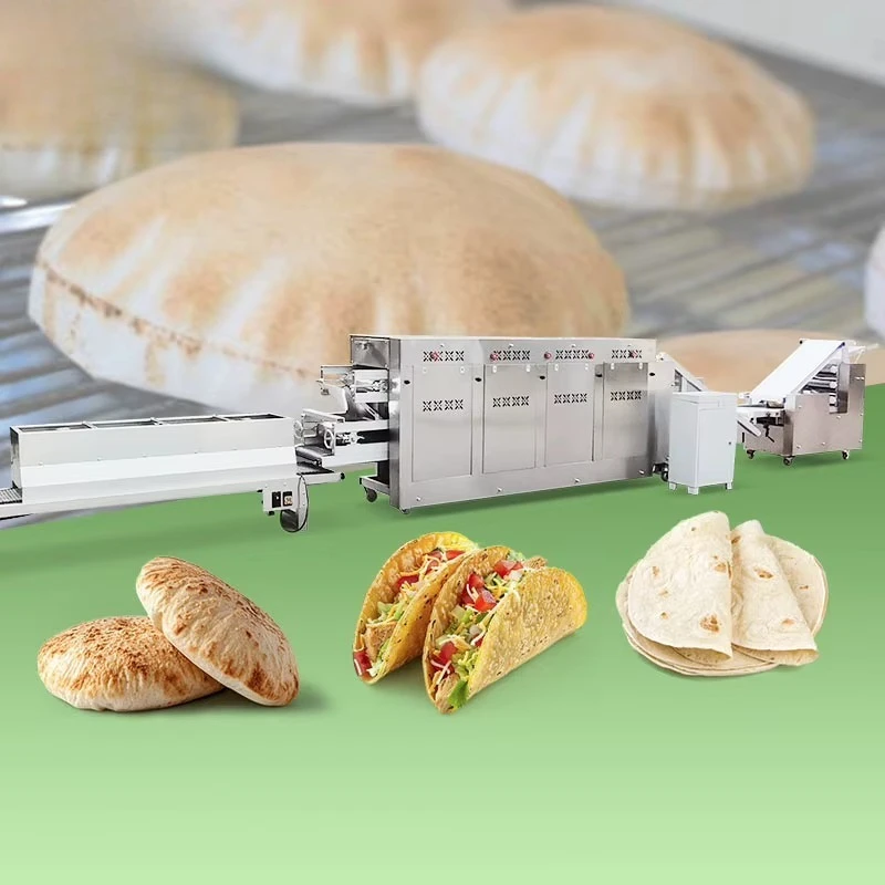 Fully automatic gas-fired compact Arab bread commercial pita production line, making Indian pancake machine, made in China