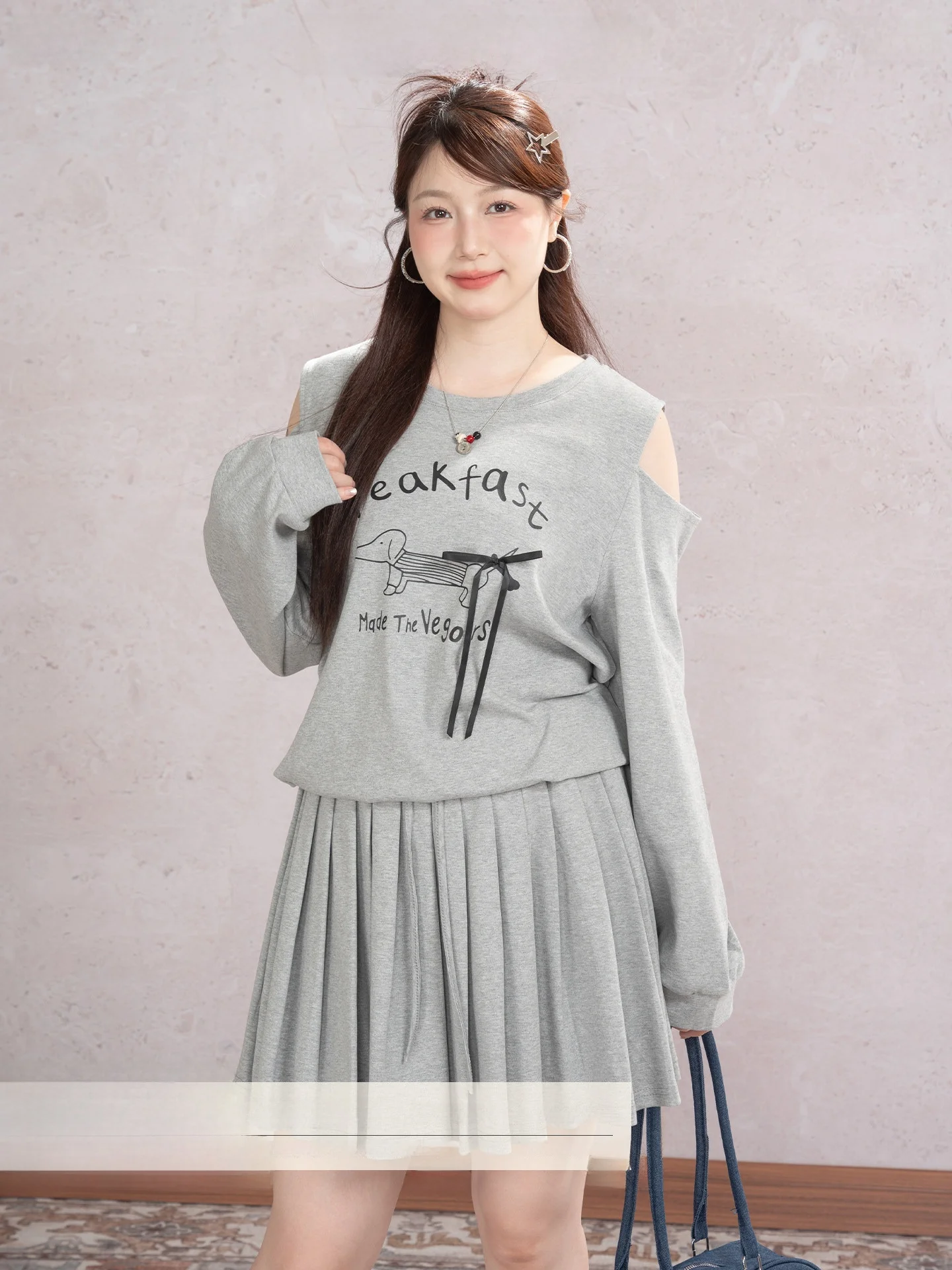 

Heynew plus Size Women's ey Letter Print oulder Bared T-irt Skirt Set Korean Sle Cotton Blend Long Sve ort Skirt