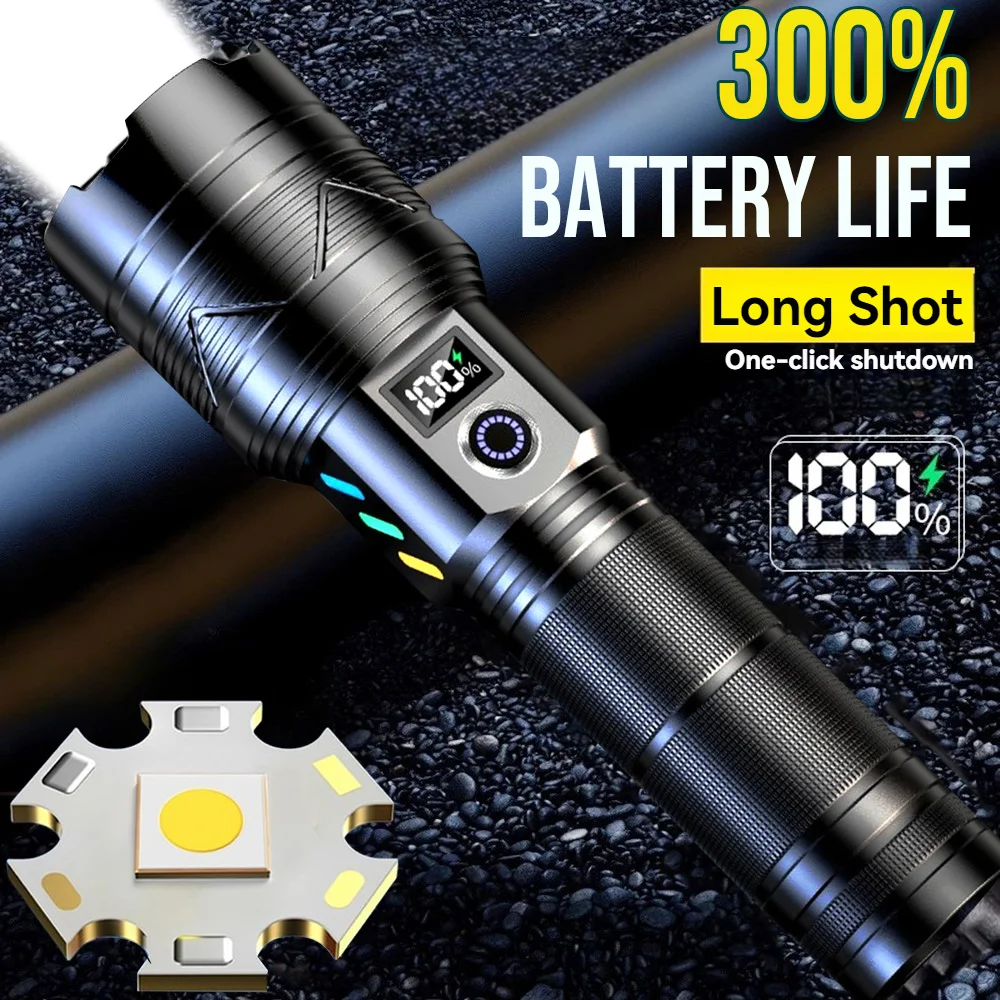 

2025Powerful LED Flashlight Ultra Strong Light Torch USB Rechargeable Outdoor Camping Lamp Long-range Zoom Lantern Power Display