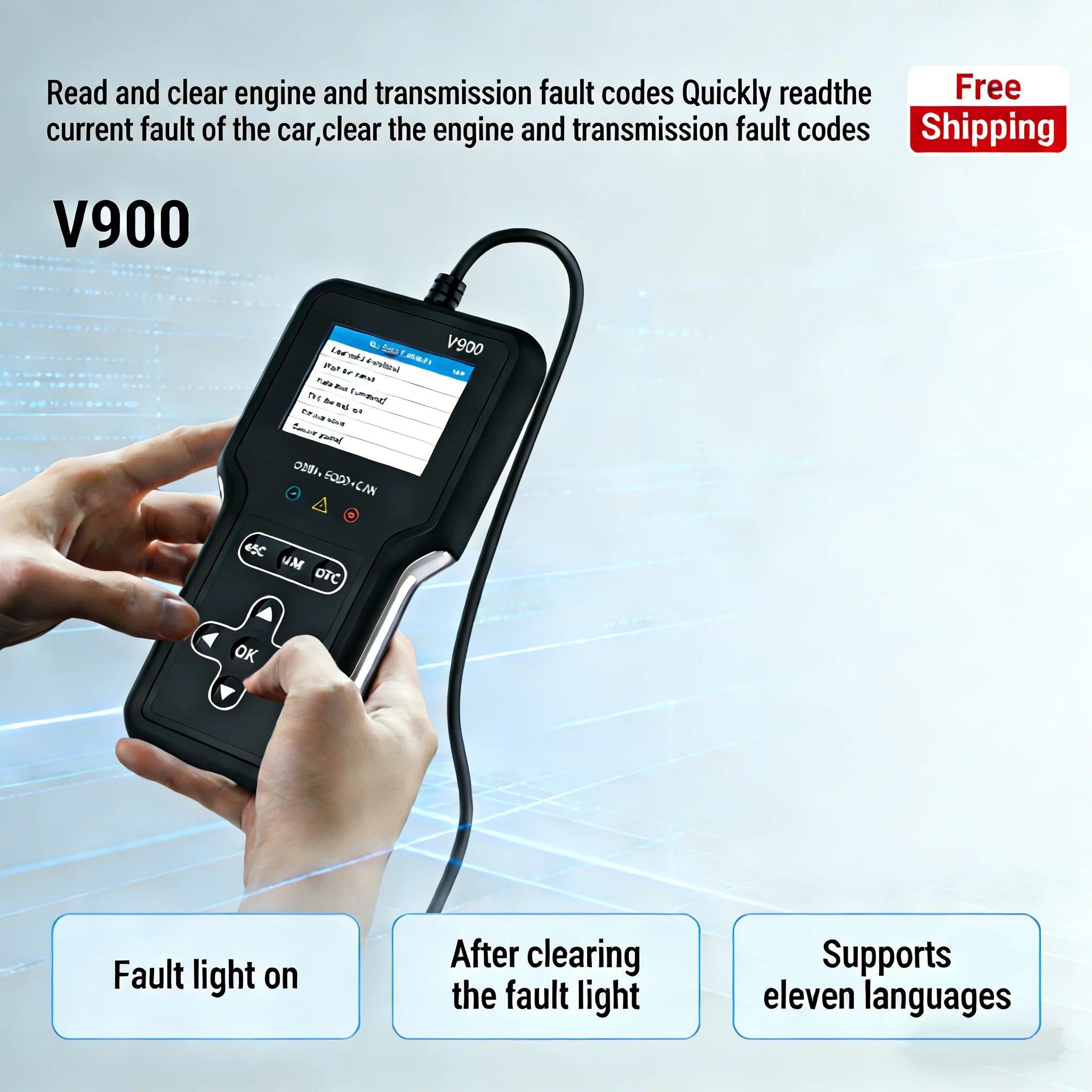 

Диагностический сканер OBD2 V900OBD поддерживает 11 языков, облачную печать, тестирование производительности, более 600 информационных потоков.