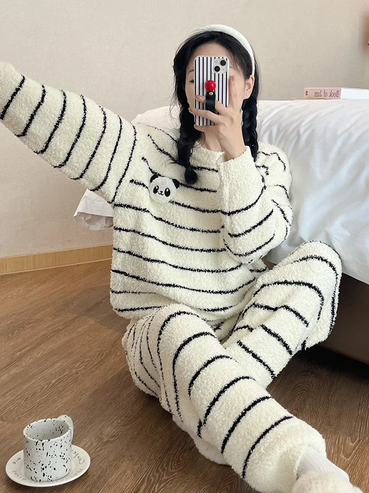 Cartoon Panda Striped Sleepwear for Women Round Neck Long Sleeve Sweet Coral Fleece Pajama Two Piece Sets Cute Homewear