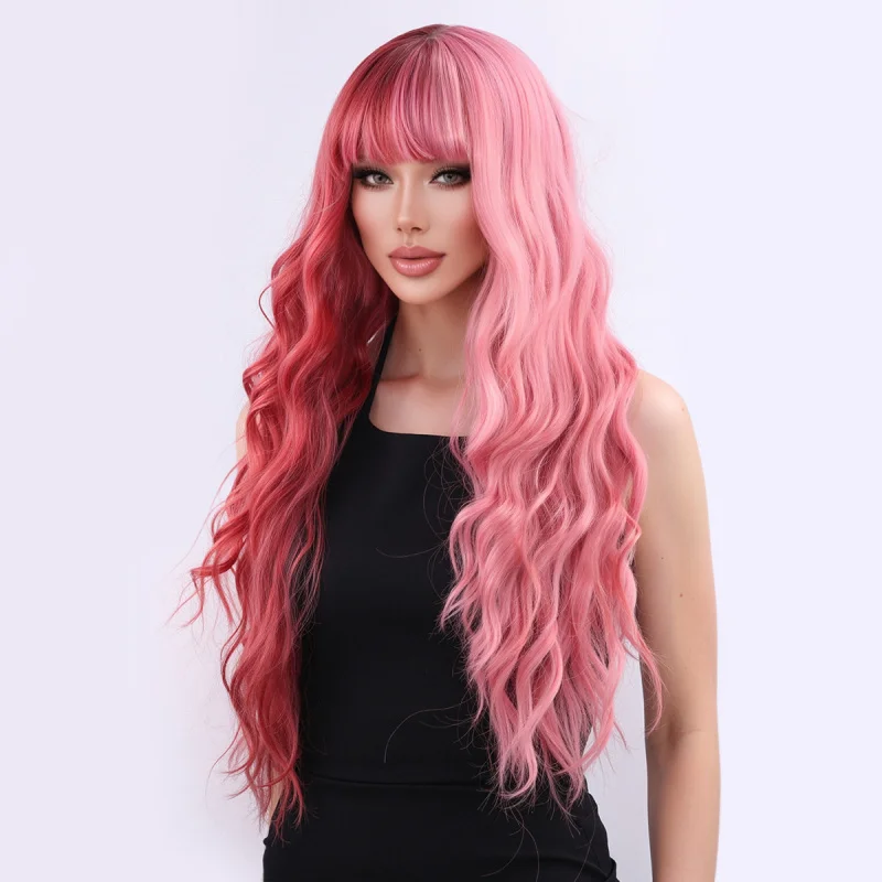 European and American style with pink gradient, straight bangs, large waves, long curly hair, full head wig - view 3