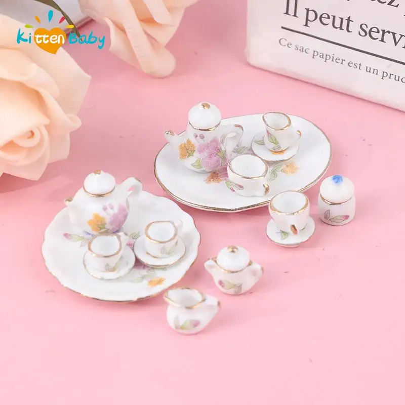 1/12 Miniature Ceramic Teaware Kitchen Teapot Tea Cup Plate Tableware Ornaments Dollhouse Furniture Toys Dining Ware