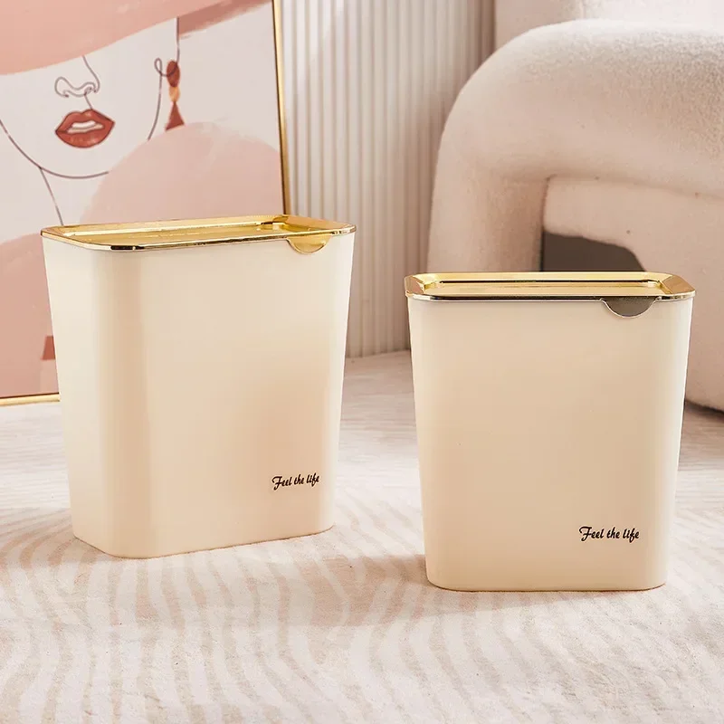 Simple Seam Trash Can Household Kitchen Bathroom Debris Bucket Large Open Lidless Gold-plated Ring Paper Basket