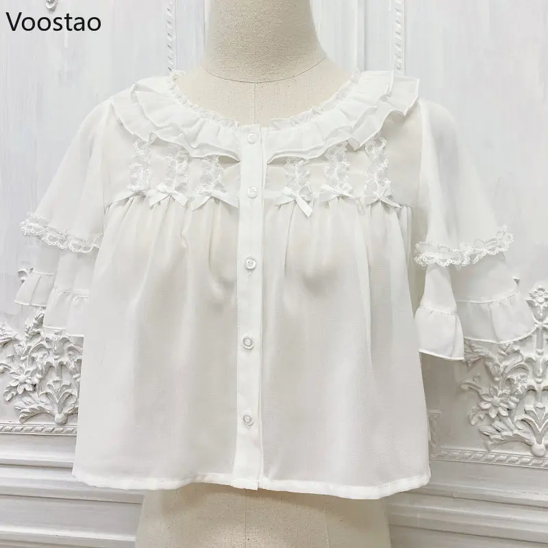 Summer Vintage Kawaii LolitaPrincess Blouses Women Japan Style Bow Lace Ruffles O-Neck Short Shirts Girl Chiffon Jsk Inside Tops