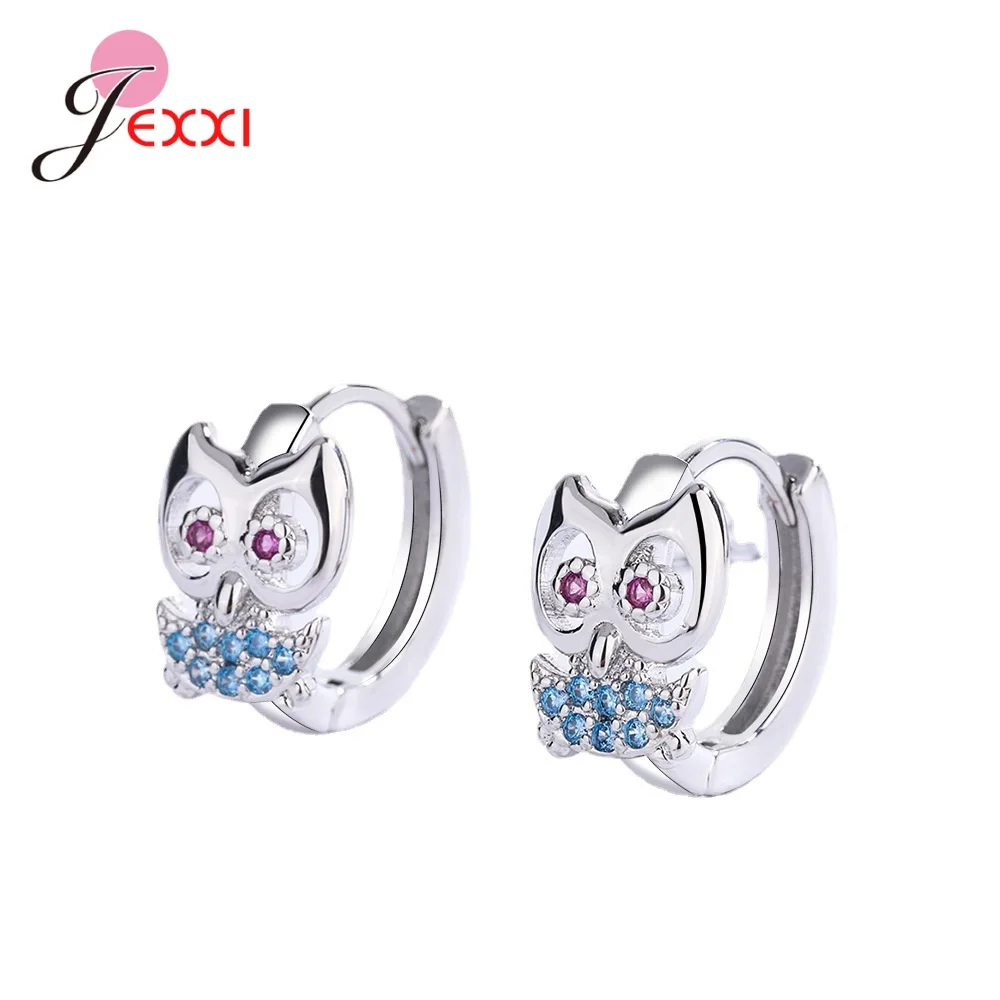 Cute Genuine 925 Sterling Silver Pink Blue CZ Owl Huggies Small Hoop Earrings For Women Girls Anti-Allergic Jewelry