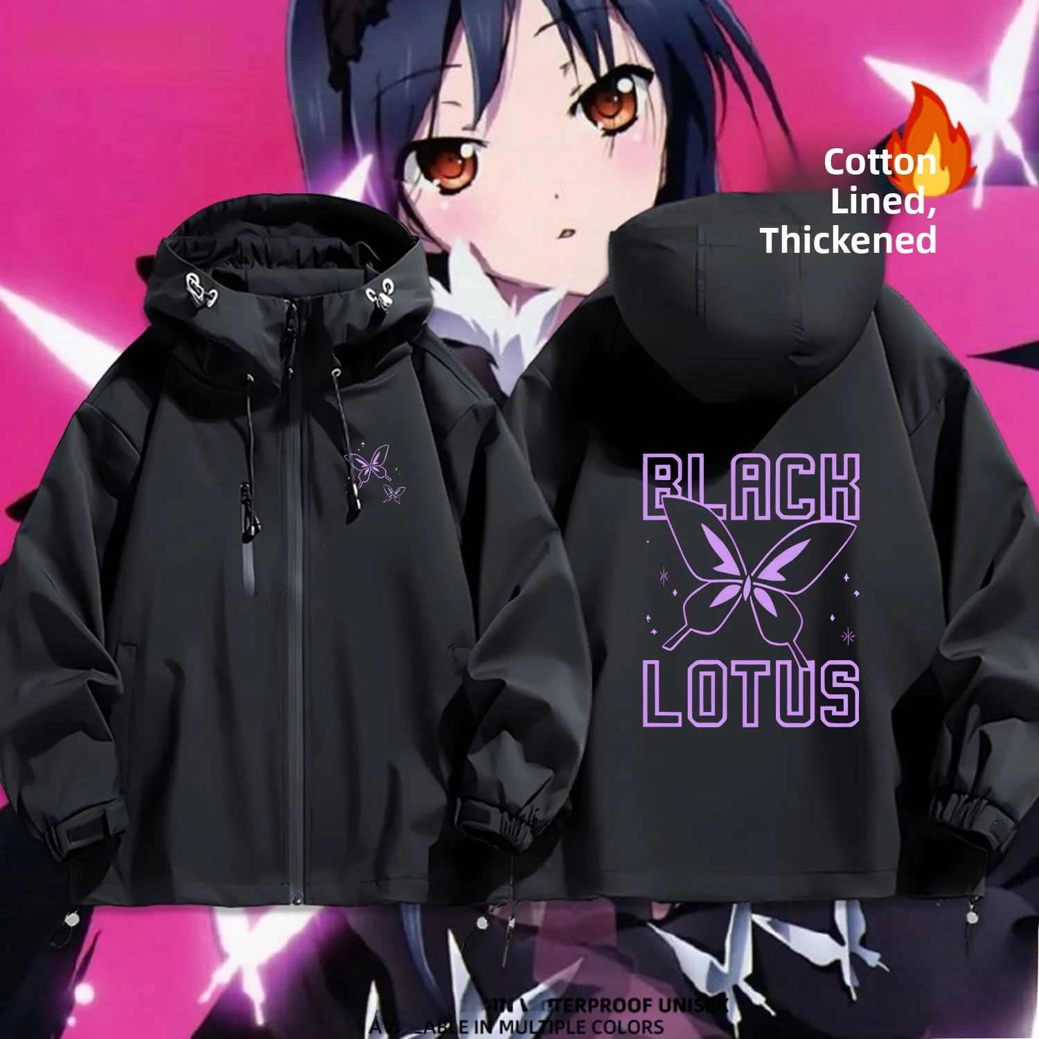 

Thiened Cotton Hooded Jaet Accted World Bla Snow Girl Anime Outerwear Parka Waterproof Polyester Fiber Zipper Closure