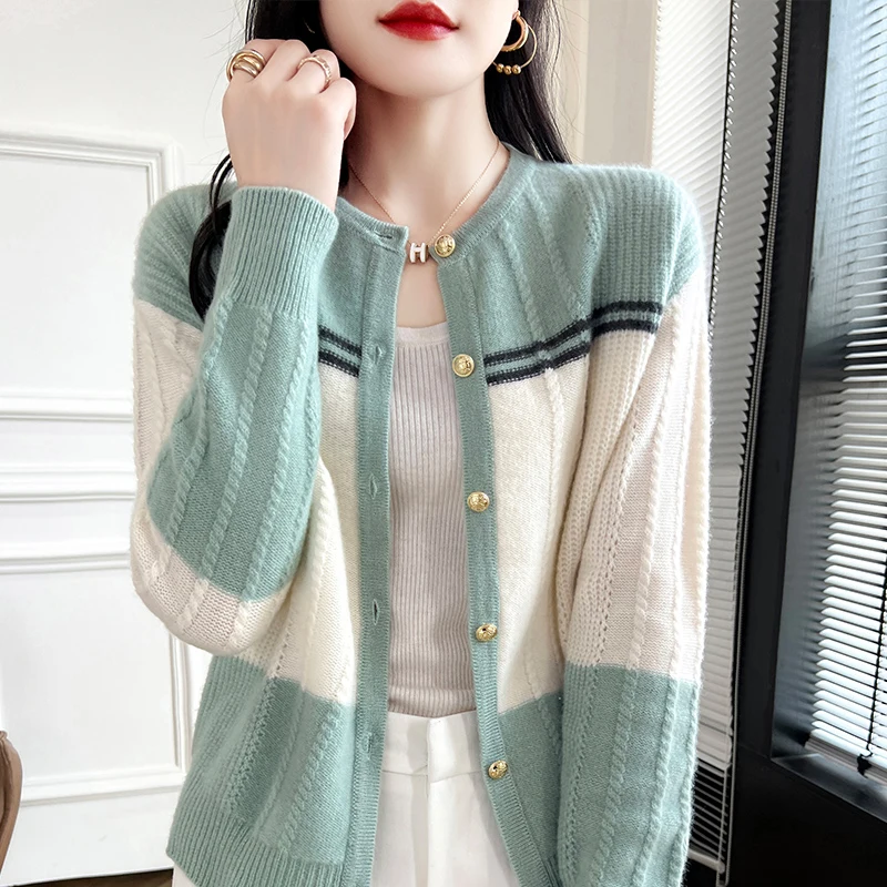 Match color autumn/winter new 100% Merino wool cashmere cardigan Women's o neck cardigan warm bottom knit shirt top