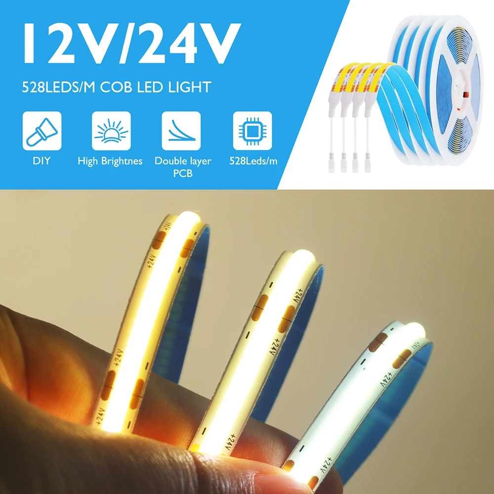 DC 12V 24V COB LED Strip Light 528LEDs/m High Density Flexible Tape Ribbon Linear Lighting RA90 For Closet Stair Decoration