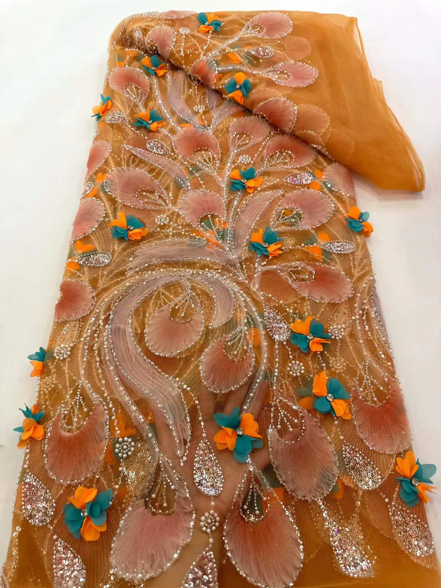 

3D Flower African Nigerian Embroidery Lace Sequins Beaded 2026 High Quality French Tulle Lace Fabric For Bridal Dresses Sewing