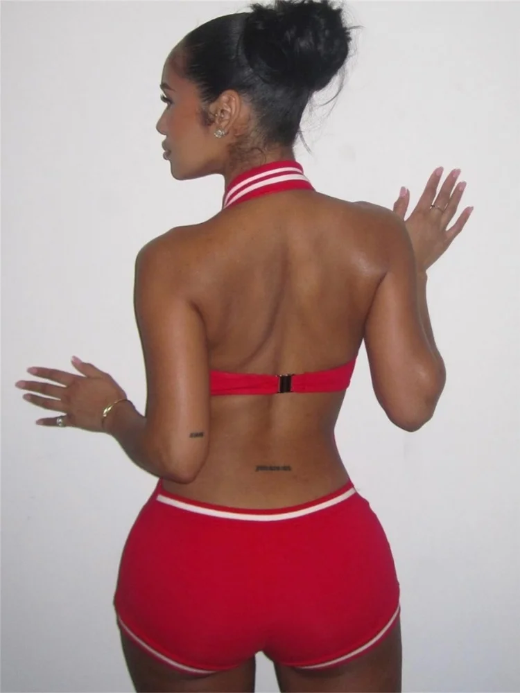 Kliou ลาย Casual ผู้หญิง Playsuits ฤดูร้อน Active Halter V คอ Backless Elastic Rompers หญิงแนวโน้ม Sporty One Piece