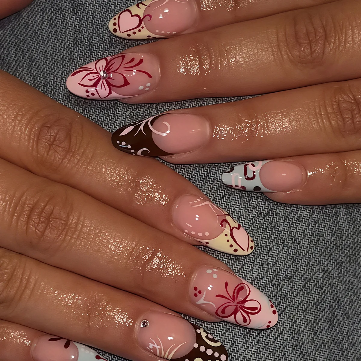 Retro French Style Nail Art Almond Shaped with Sweet Heart Butterfly Flower Patterns