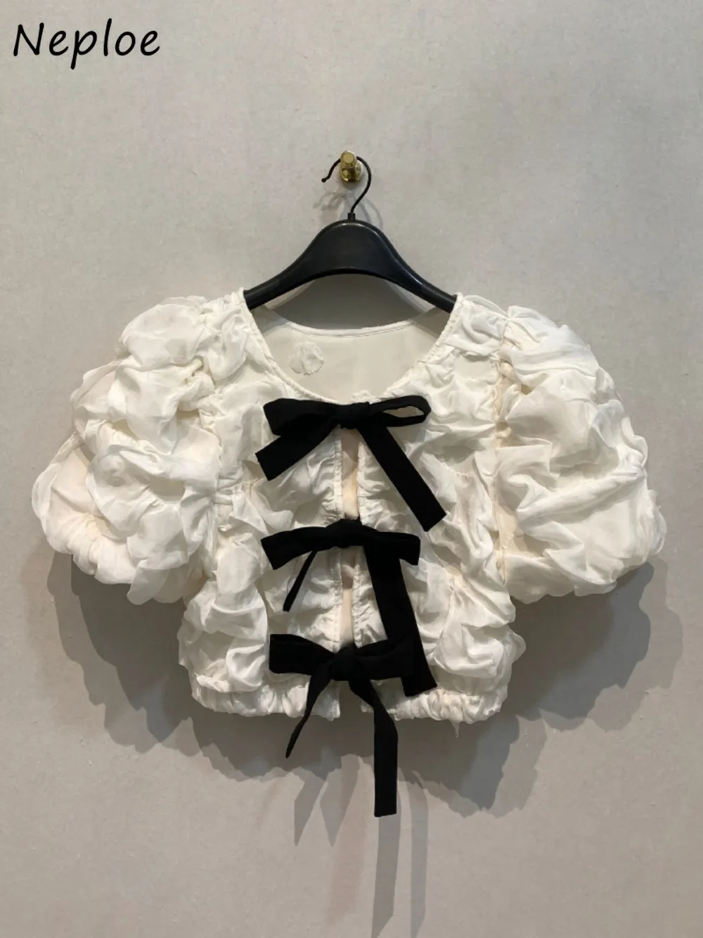 Neploe Vintage Moda Lace Up New Shirt Casual Lovely Elegant Slim Sweet Blouses Japan French All-match Puff Sleeve Ruched Blusas