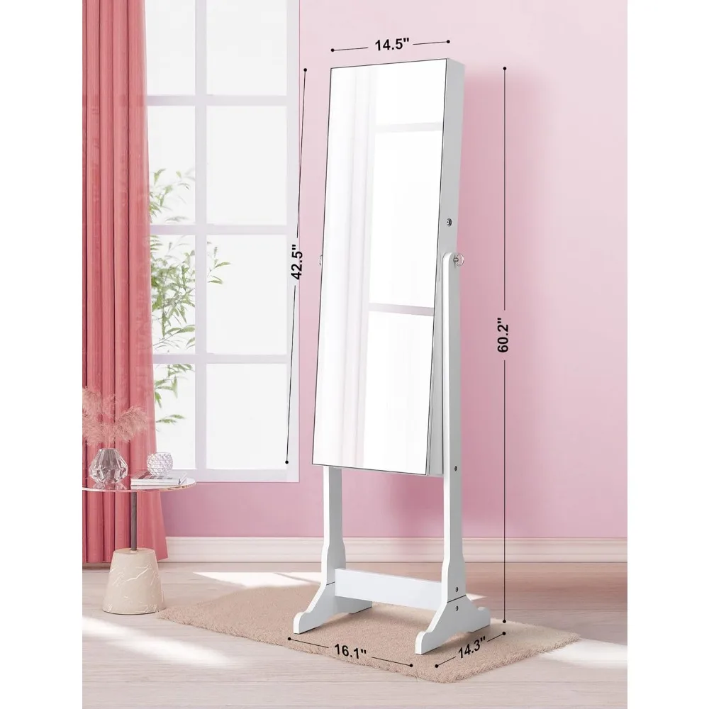 Jewelry Cabinet with Full-Length Mirror, Standing Lockable Jewelry Armoire Mirror Organizer, 3 Angel Adjustable