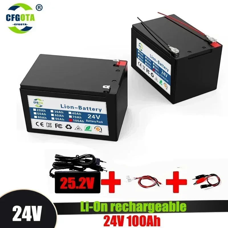 New 18650 24V 100Ah Lithium Ion Battery Pack,for Electric Vehicle Solar Storage Replacement Rechargeable Battery + Charger