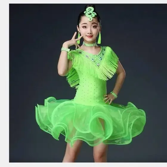 

1pcs/lot children organza tassel latin dress girl rhinestone latin Tango Rumba Samba Costume
