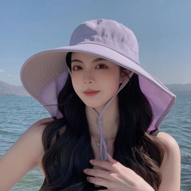 

2025 New Summer Outdoor Sunscreen Sun Hat with Ponytail Hole Hat Female Korean Version Versatile Eaves Shawl Bucket Hat Tide