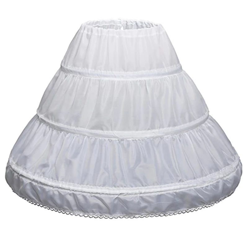 

652F White Children Petticoat A-Line 3 Hoops One Layer Kids Crinoline Lace Trim Flowe